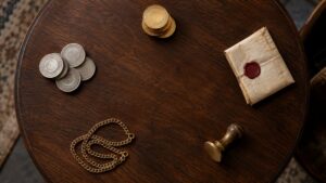 Overhead view of gold coins, silver coins, a wax-sealed document, a gold chain, and a brass stamp arranged on a round wood table, illustrating Texas's new gold and silver legal tender law and four other stories moving the metals this week.
