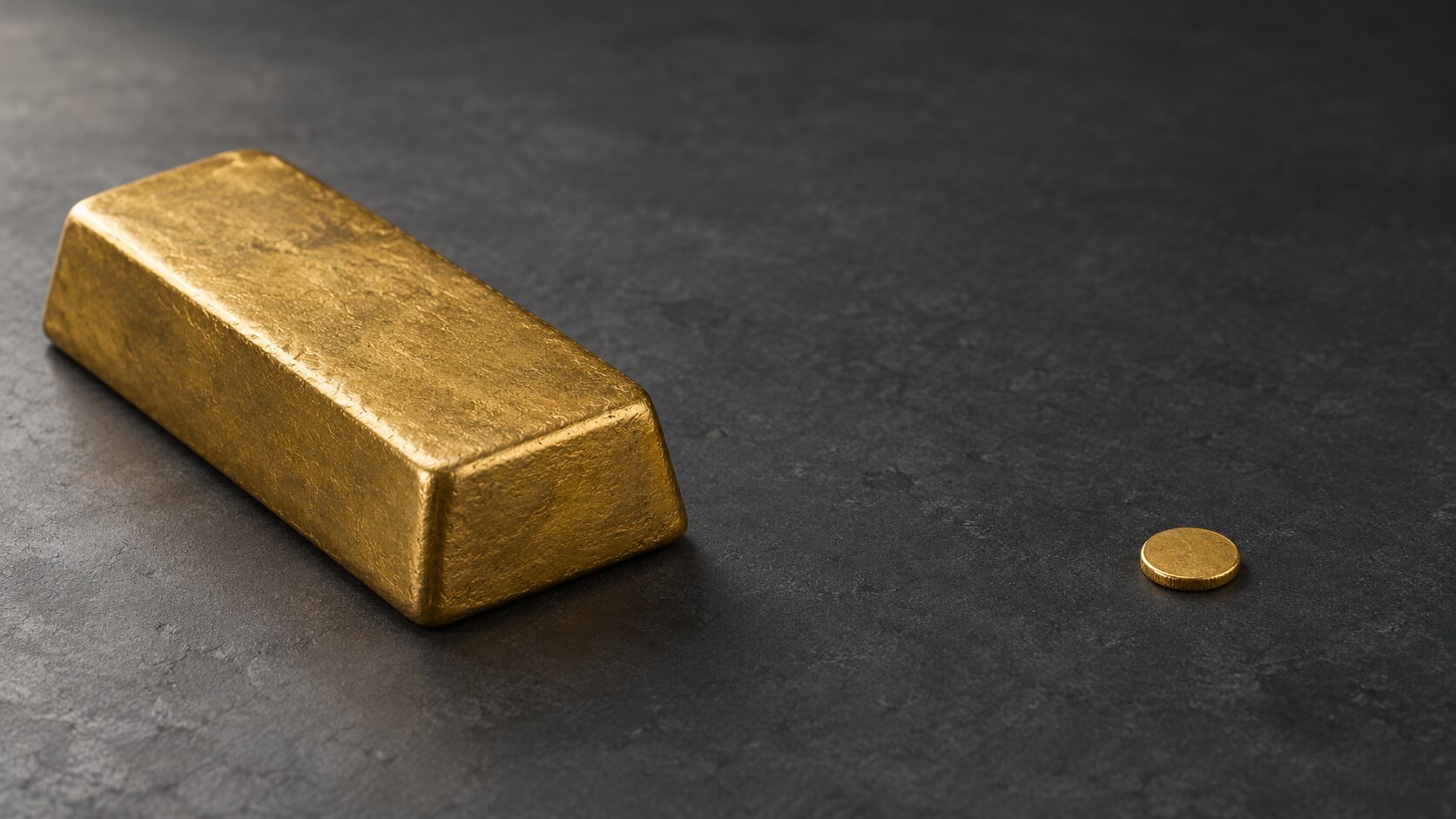 A large gold bar beside a single small gold coin, illustrating the size gap between a full redemption unit and a typical tokenized gold holding.