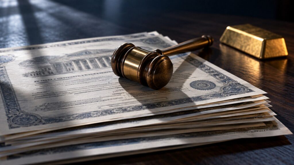 A gavel resting unclaimed on a stack of Treasury bond certificates beside a gold bar, illustrating today's weak treasury auction and its effect on the gold price.
