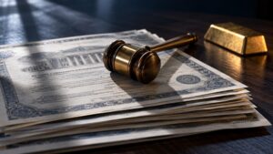 A gavel resting unclaimed on a stack of Treasury bond certificates beside a gold bar, illustrating today's weak treasury auction and its effect on the gold price.