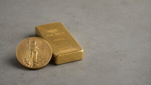 American Gold Eagle coin and a gold bullion bar, the two product types eligible for a gold IRA
