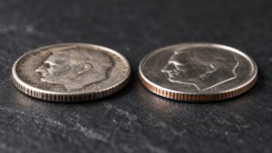 What is junk silver? A worn pre-1965 90% silver dime (left, no copper edge) next to a modern copper-nickel dime showing its copper edge stripe (right)