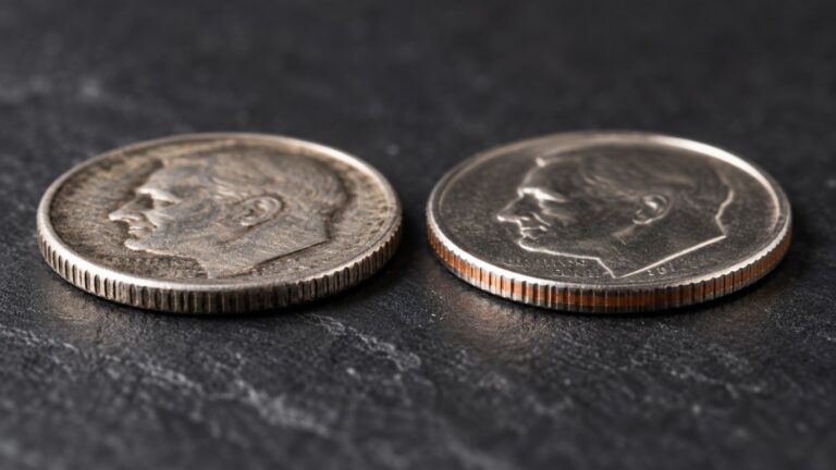 What is junk silver? A worn pre-1965 90% silver dime (left, no copper edge) next to a modern copper-nickel dime showing its copper edge stripe (right)