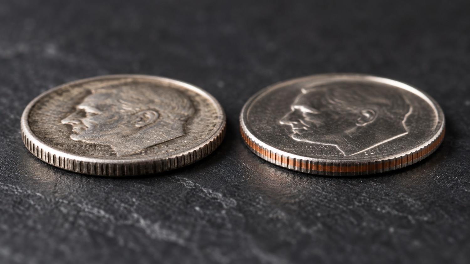 What is junk silver? A worn pre-1965 90% silver dime (left, no copper edge) next to a modern copper-nickel dime showing its copper edge stripe (right)