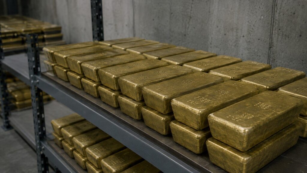 Cast gold bars racked in rows on steel vault shelving, the sovereign holdings at the center of who is selling gold