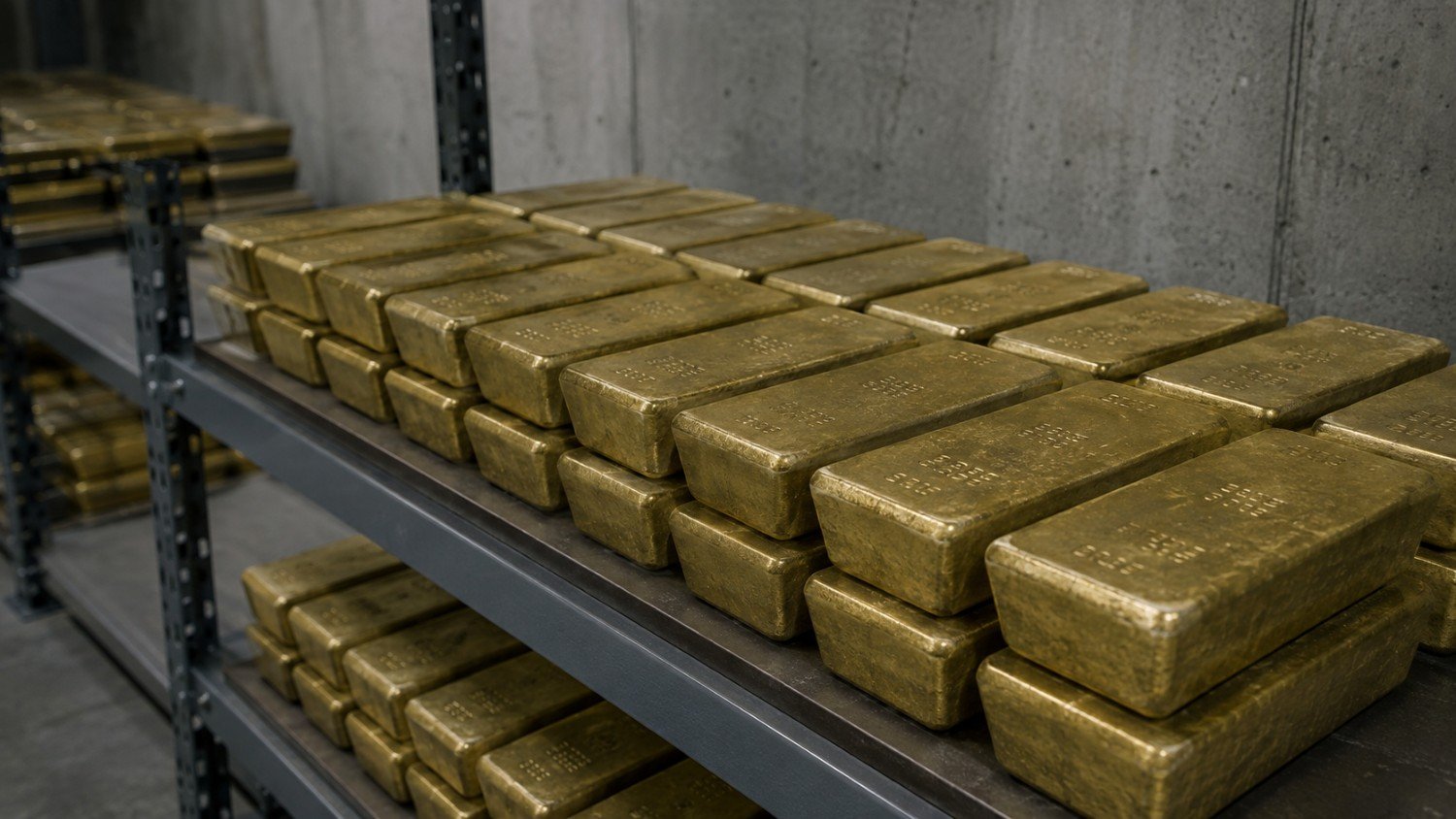 Cast gold bars racked in rows on steel vault shelving, the sovereign holdings at the center of who is selling gold