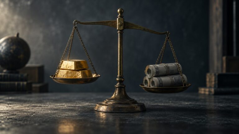 A balance scale with gold bars on one side and paper currency on the other, representing the shift in who owns US debt.