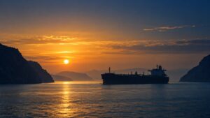 Oil tanker silhouetted at sunset in a narrow strait, illustrating why gold is falling amid Iran tensions and rising oil prices