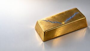 Gold bullion bar with a glowing line chart dipping then recovering, illustrating why is gold price down today.