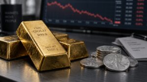 Gold bars and silver coins on a dark surface with a blurred red downward price chart in the background, representing today's gold and silver price decline