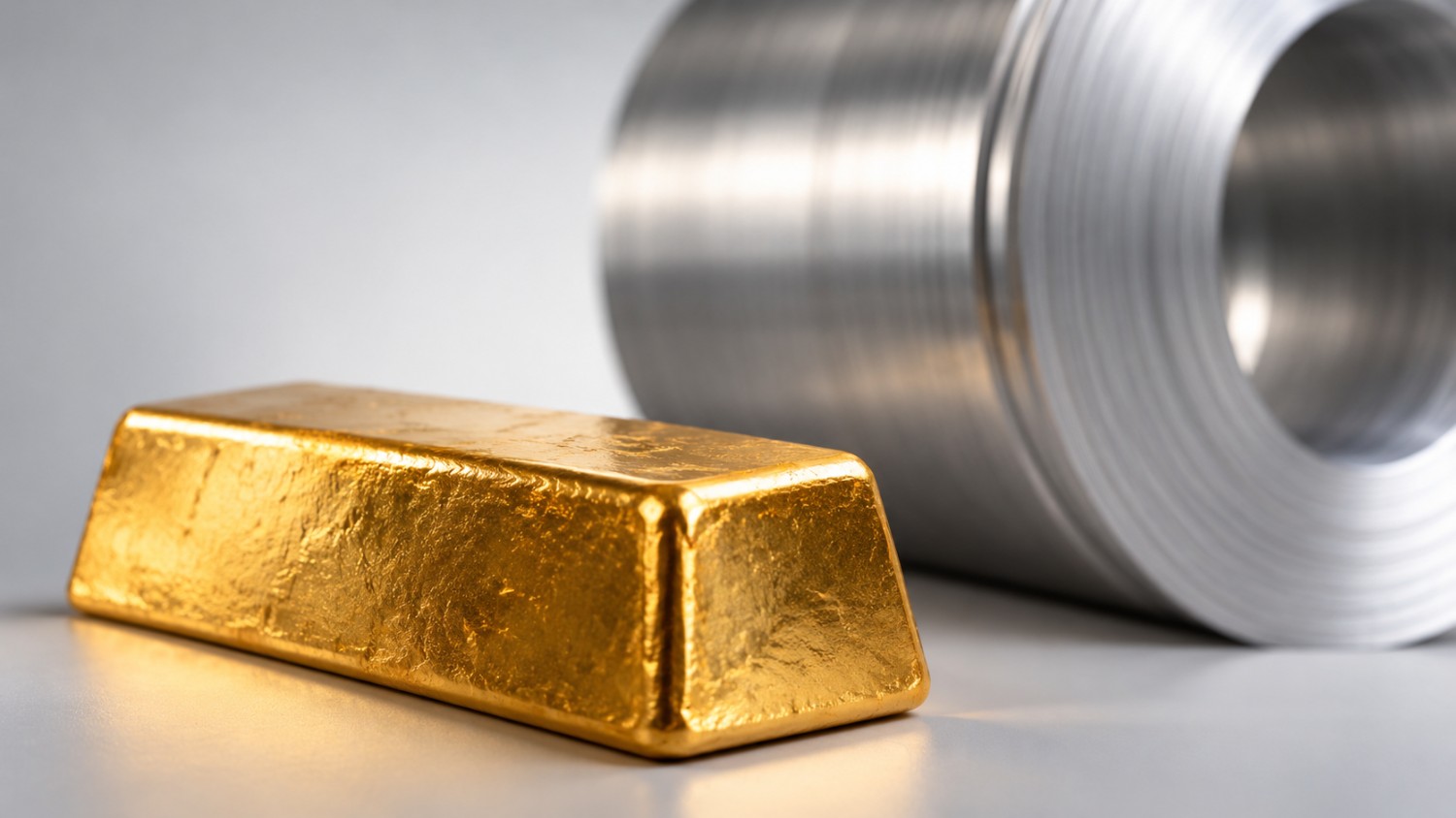 Gold bar in sharp focus beside a blurred aluminum coil, illustrating why gold is worth more than aluminum despite far lower production volume.