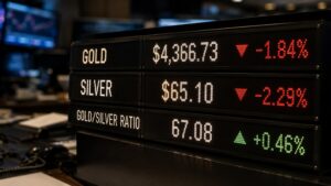Why is silver falling: an electronic trading board showing gold down 1.84% at $4,366.73 and silver down 2.29% at $65.10, with the gold/silver ratio at 67.08.