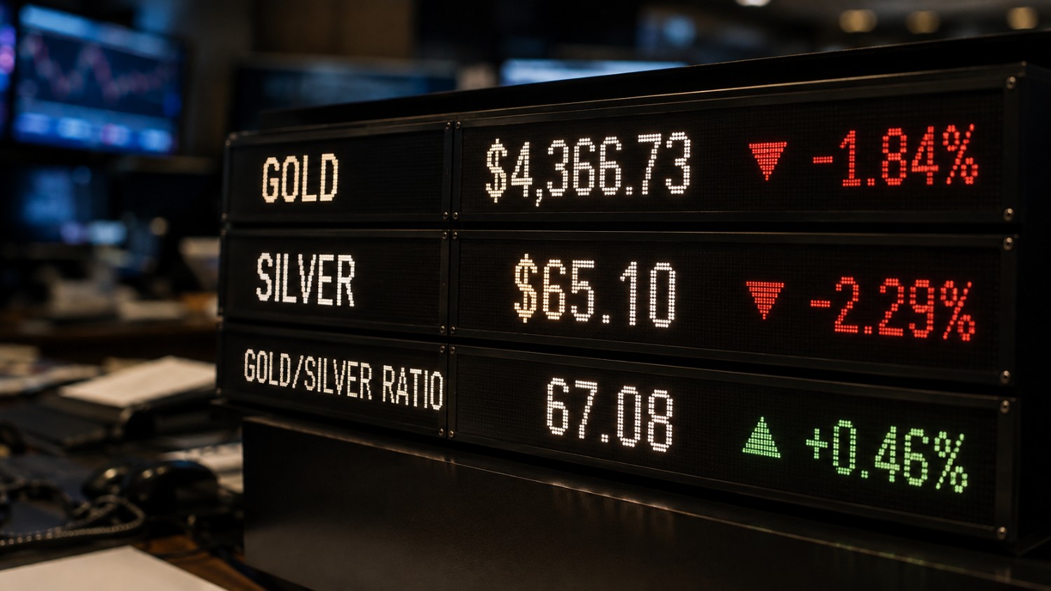 Why is silver falling: an electronic trading board showing gold down 1.84% at $4,366.73 and silver down 2.29% at $65.10, with the gold/silver ratio at 67.08.
