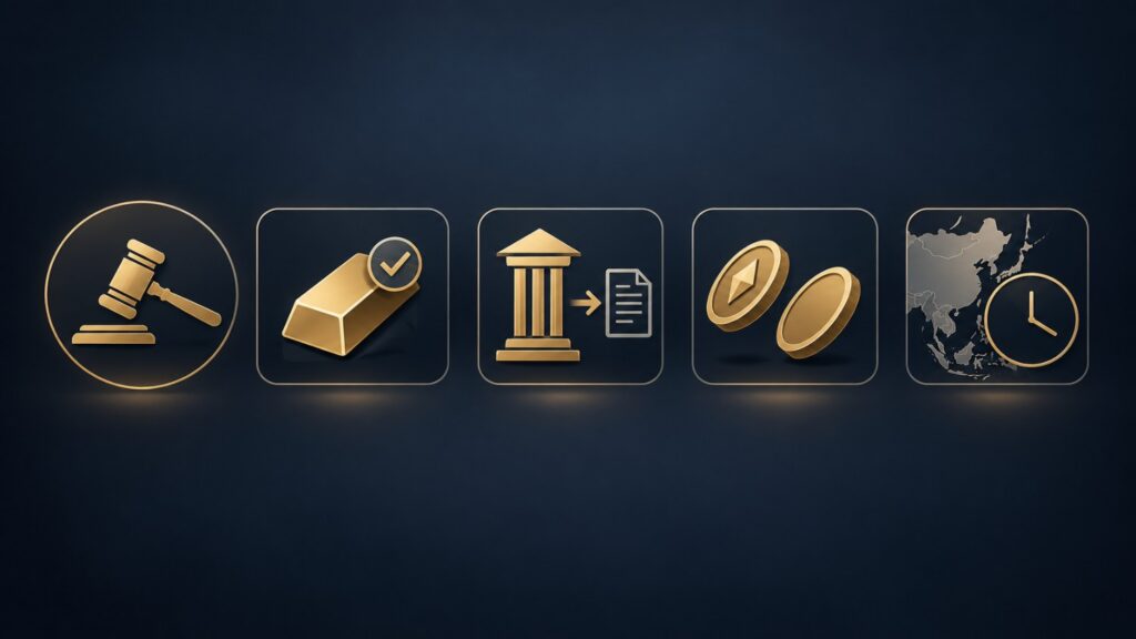 World Gold Council chair, LBMA membership, mine ruling, bitcoin correlation, and Asia trading hours icons in gold