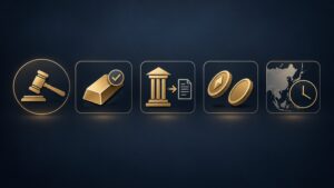 World Gold Council chair, LBMA membership, mine ruling, bitcoin correlation, and Asia trading hours icons in gold