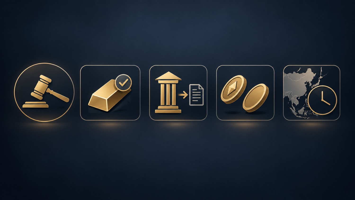 World Gold Council chair, LBMA membership, mine ruling, bitcoin correlation, and Asia trading hours icons in gold