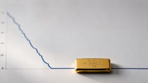 A 1 oz fine gold bar resting on the flat section of a chart where the interest rate line has stepped down to zero, representing the zero interest rate policy years.
