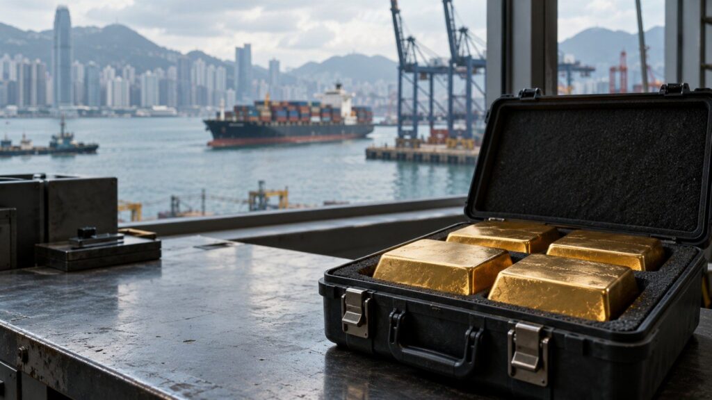 Four gold bars in an open transport case, with a container ship and port cranes in Hong Kong’s harbor behind.