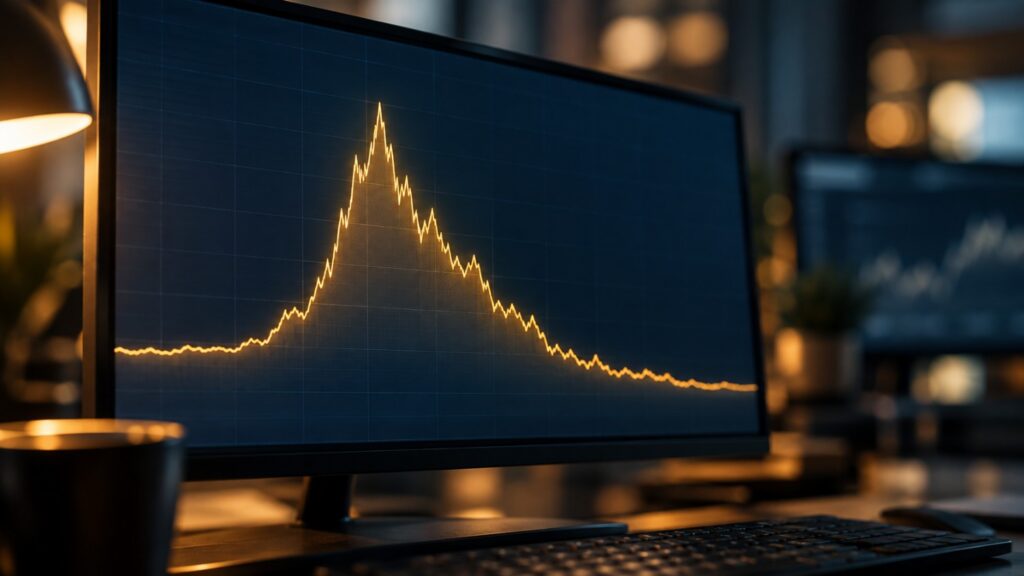GDP revision gold price chart glowing on a trading desk monitor, showing a sharp spike followed by a steep reversal