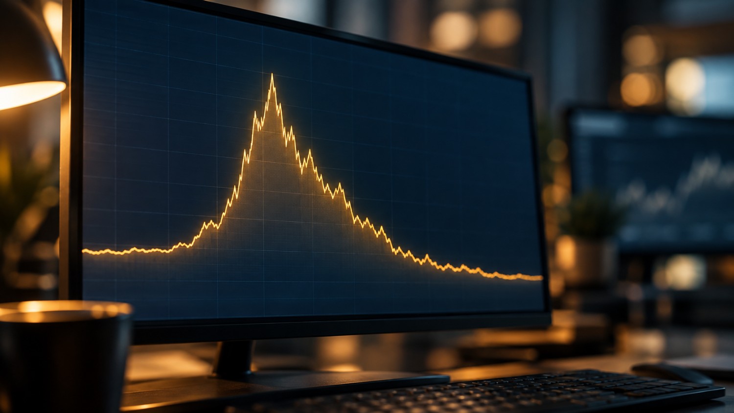 GDP revision gold price chart glowing on a trading desk monitor, showing a sharp spike followed by a steep reversal