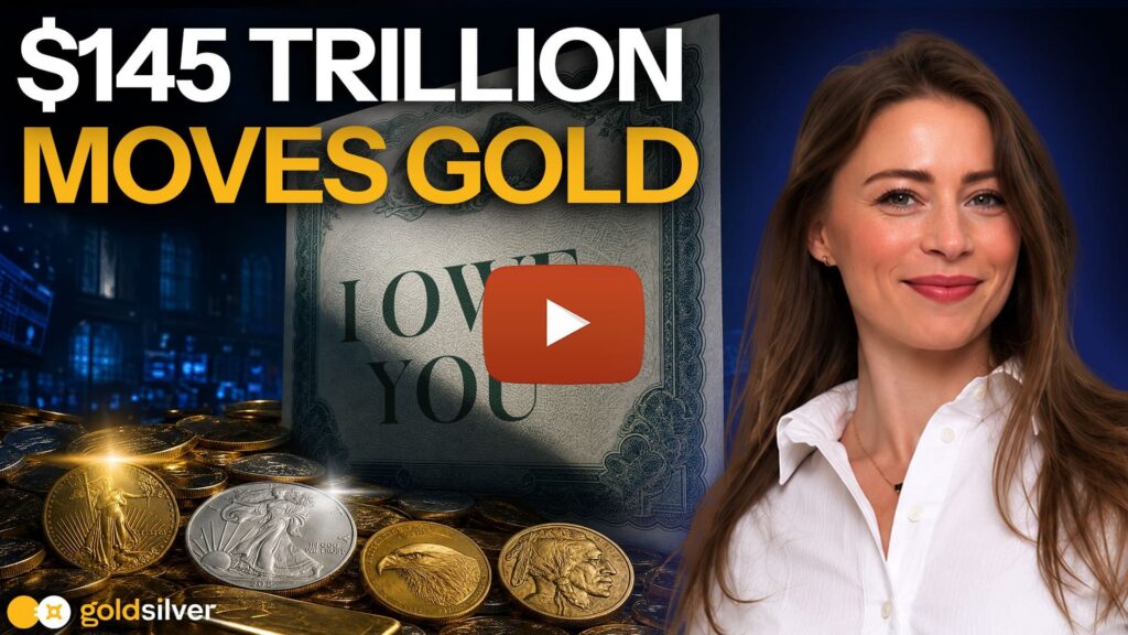 GoldSilver Show video thumbnail: a Treasury "I Owe You" bond certificate beside gold and silver coins, with host Megan King Diaz, illustrating why bonds affect the gold price.