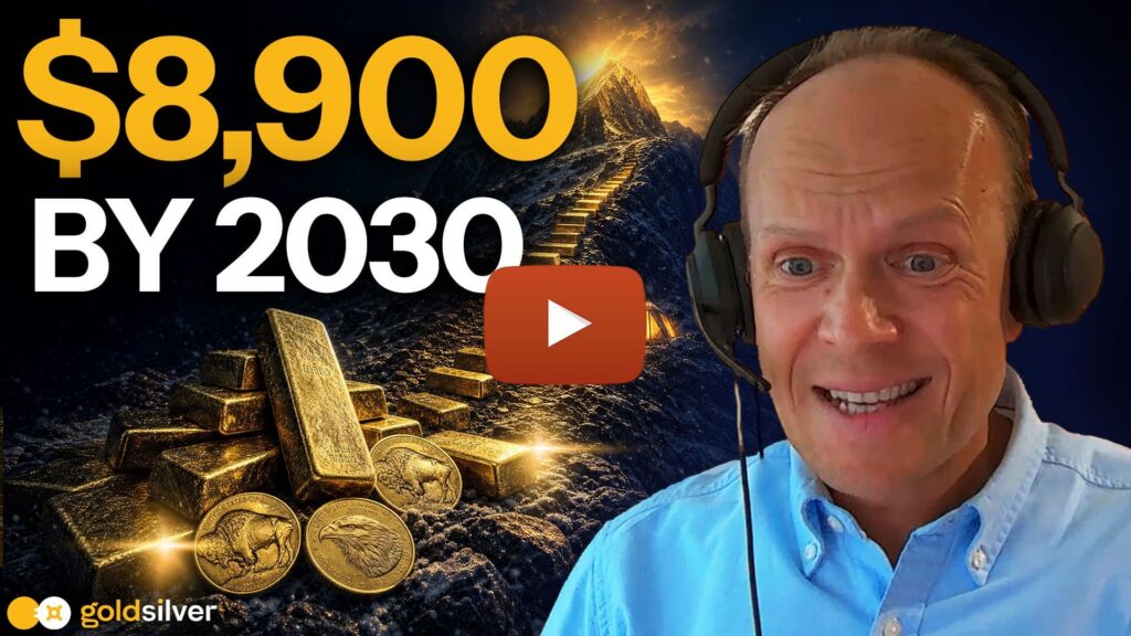 Ronnie Stoeferle featured beside gold bars and coins, with "$8,900 by 2030" text highlighting his long-term gold price forecast.