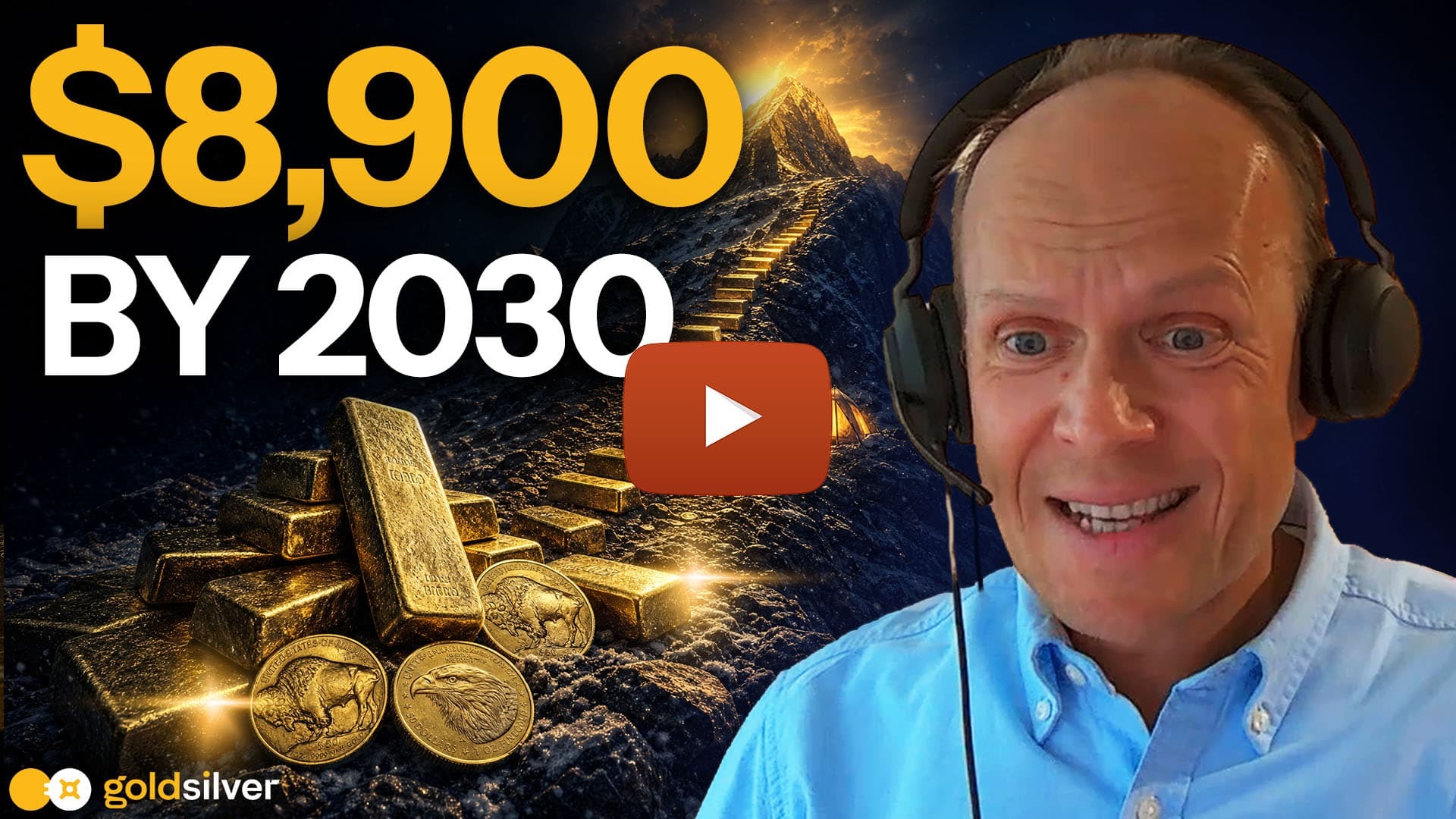 Ronnie Stoeferle featured beside gold bars and coins, with "$8,900 by 2030" text highlighting his long-term gold price forecast.