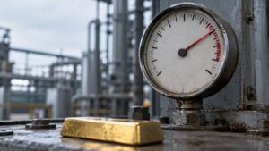 Close-up of an analog industrial pressure gauge with a red needle pointing deep into the red zone, mounted on a weathered steel panel at an industrial facility, with a single gold bar resting in the foreground.