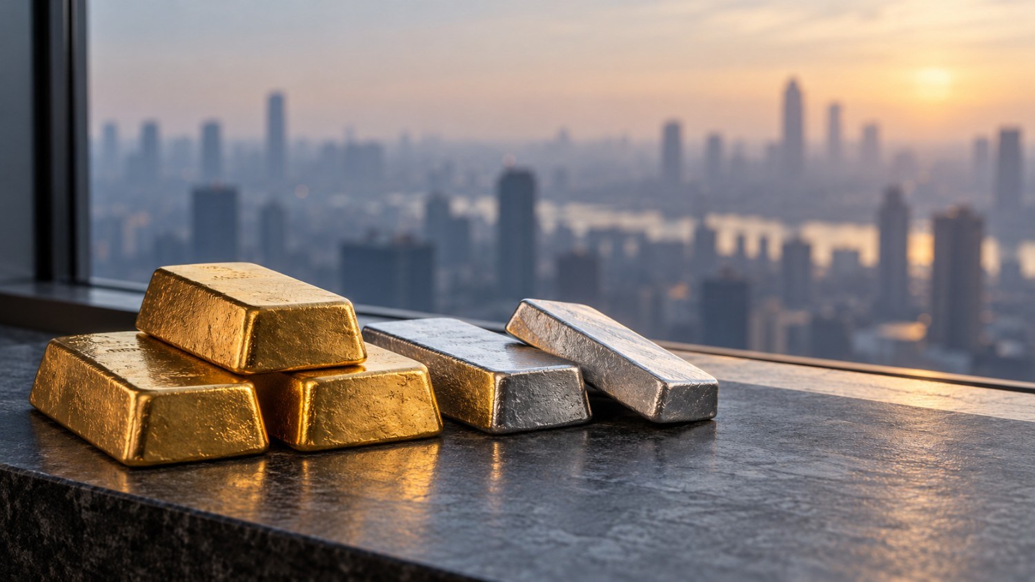 Gold and silver bullion bars on a dark stone windowsill overlooking a softly blurred city skyline.