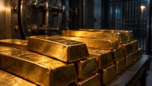 Stacked gold bullion bars in a bank vault with the vault door visible behind them, representing central bank gold reserves in 2026