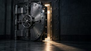 Steel bank vault door partially open with light spilling through, representing a central bank's decision on its gold reserves