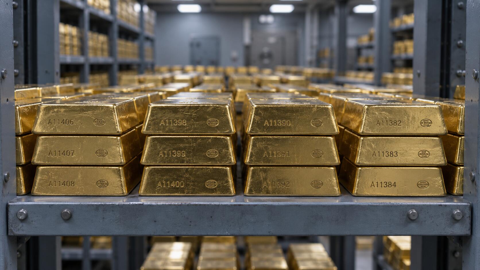 Rows of gold bullion bars stacked in a bank vault, illustrating why central banks are buying gold in 2026