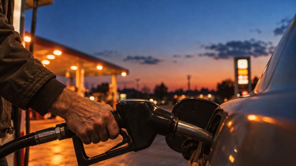 Close-up of a hand pumping gas into a car at a fuel station at dusk, price sign glowing softly in the background