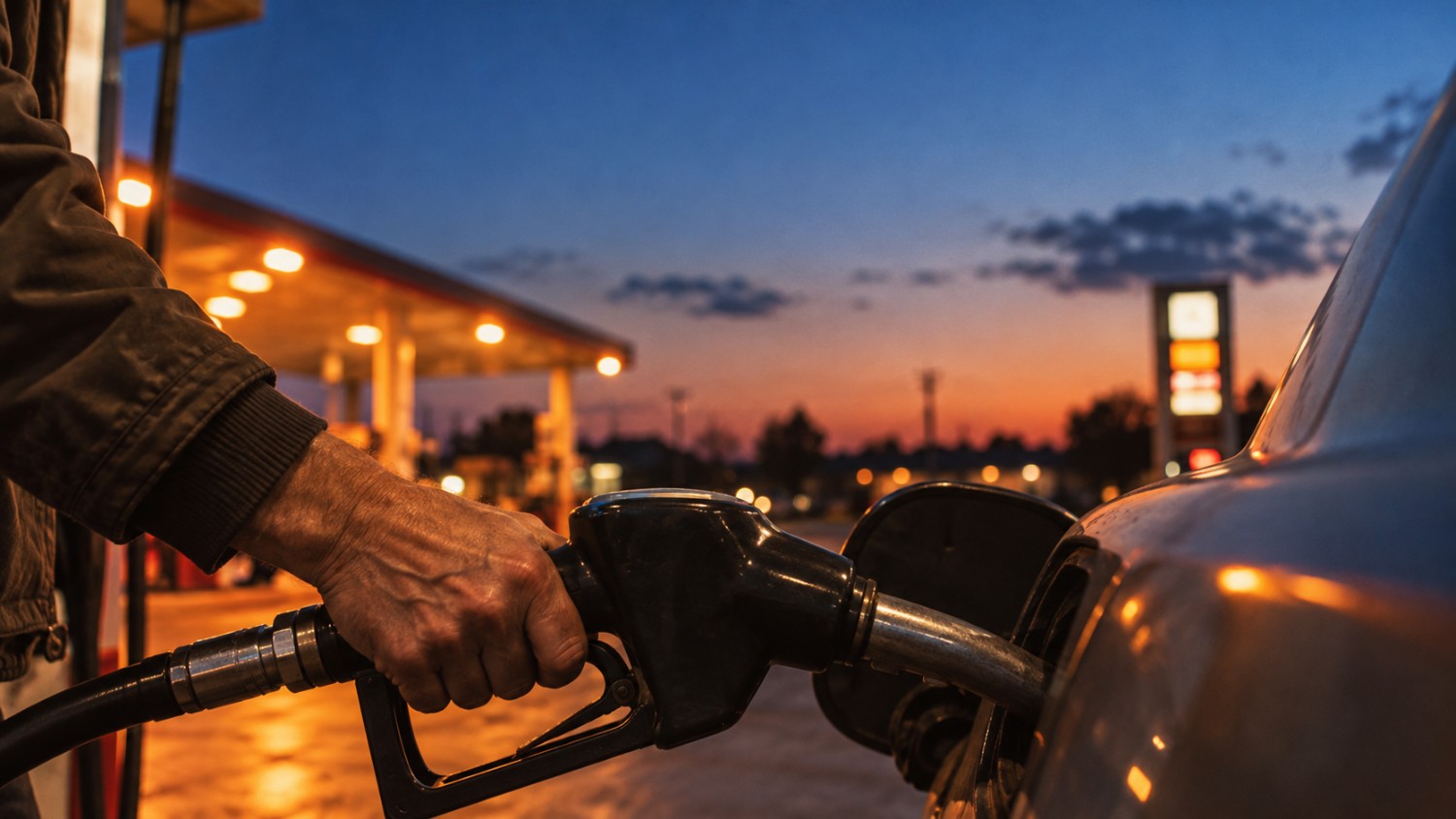 Close-up of a hand pumping gas into a car at a fuel station at dusk, price sign glowing softly in the background