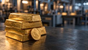 Stacked gold bars and a gold coin on a dark metal table, with a blurred industrial factory floor in the background.