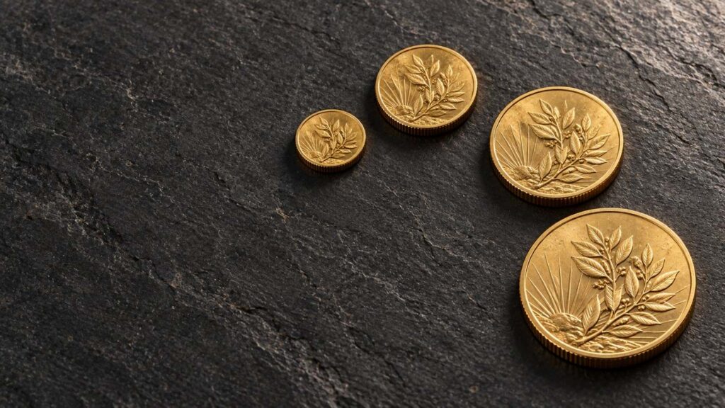 One large gold coin and three smaller fractional gold coins arranged in an arc on dark charcoal stone.