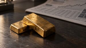 Stacked gold bullion bars on a desk with a blurred financial data sheet in the background, representing how the jobs report moved the gold price today.