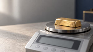 A small gold bar on a precision scale, showing how position size shapes the cost of a gold correction.