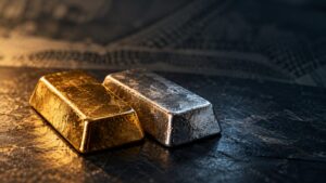 A gold bar and a silver bar lit from opposite angles on a dark surface, with a blurred dollar banknote texture in the background.