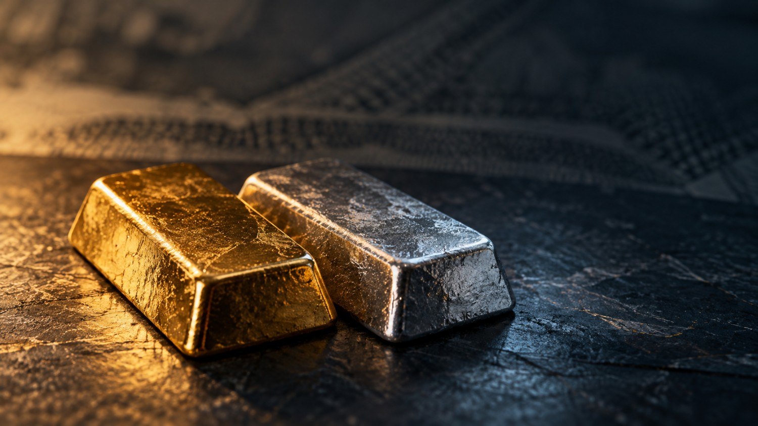 A gold bar and a silver bar lit from opposite angles on a dark surface, with a blurred dollar banknote texture in the background.