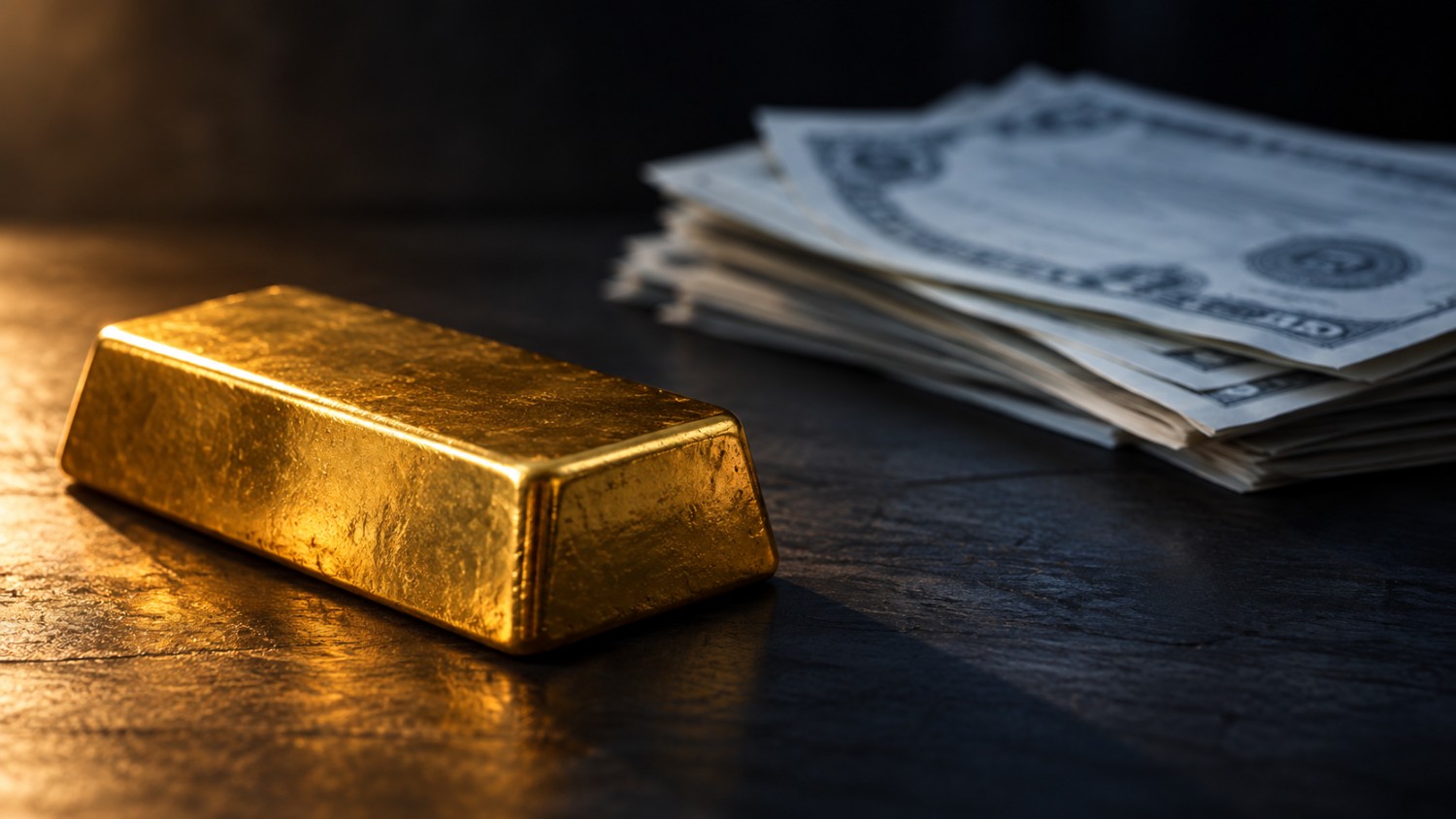 A gold bar glows under warm light while a blurred stack of U.S. dollar bills sits in cool shadow behind it, gold holding firm on Fed hold odds even as the dollar and Treasury yields stay strong.