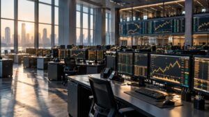 Empty trading floor at dawn with rows of monitors showing price charts and a city skyline, representing gold market structure in 2026.
