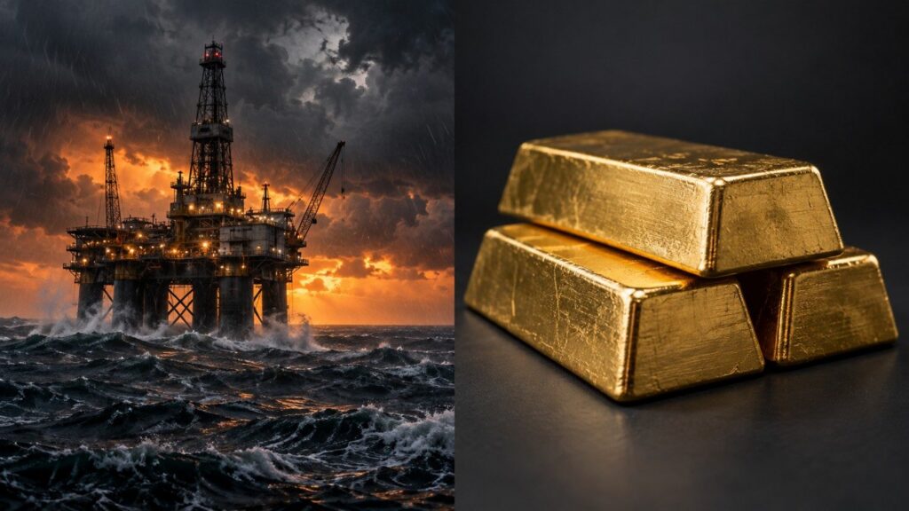Split image contrasting a storm-lit offshore oil rig in rough seas with three calm, softly lit gold bars, illustrating the gold oil price shock real yields disconnect.
