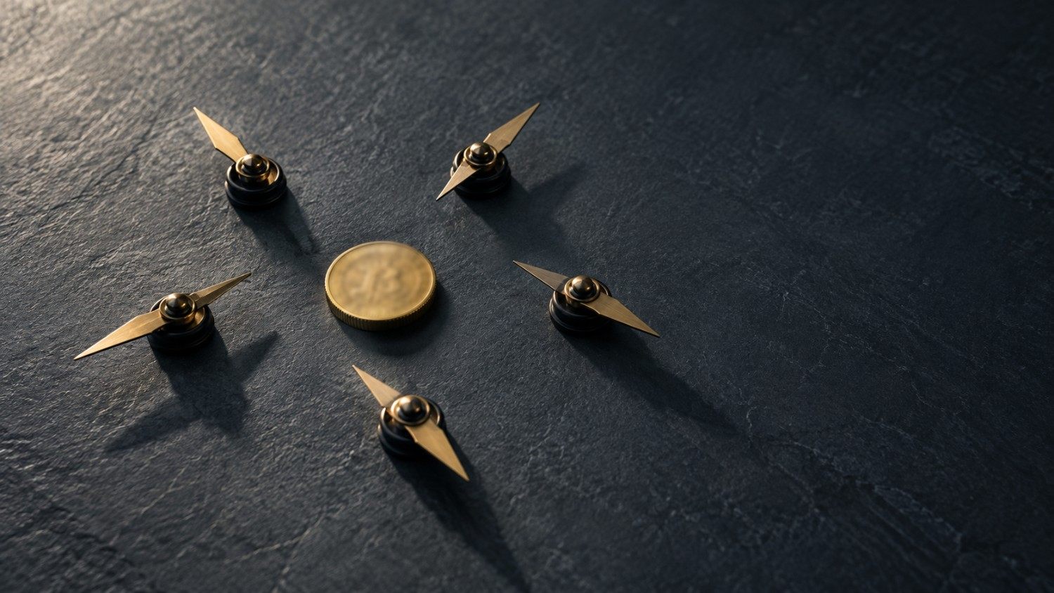 Five gold compass needles arranged in a circle, each pointing in a different direction, around a central coin on a dark slate surface — representing five conflicting signals on whether gold is oversold and underowned.