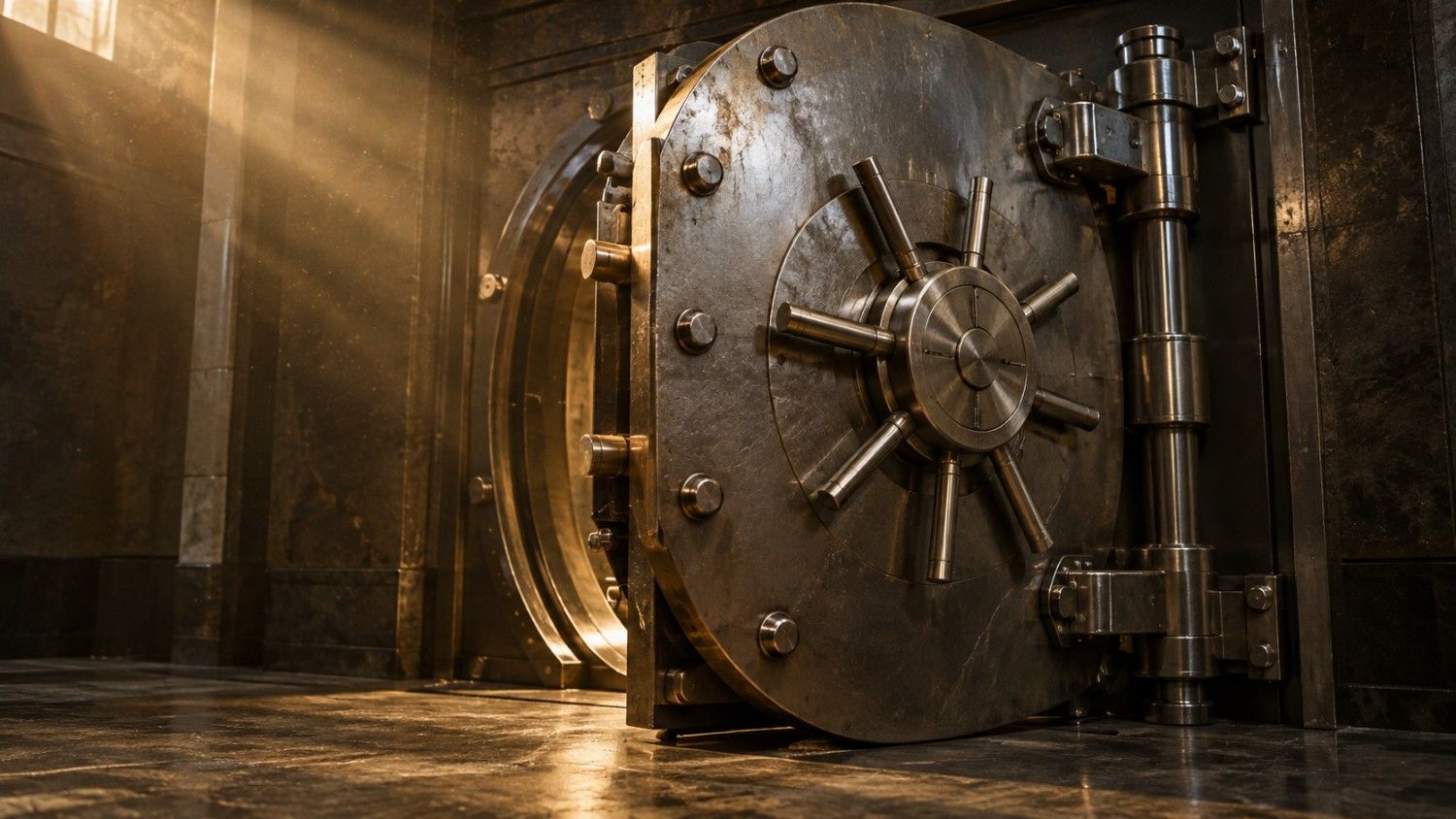 A heavy bank vault door with a multi-spoke locking wheel standing open in warm light — representing gold and silver held for the long term.