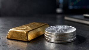 A gold bar resting beside a stack of American Silver Eagle coins on a dark desk, with a blurred trading screen in the background, visualizing today's split: gold holding its floor while silver quietly outperforms.