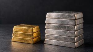 Three gold bars stacked beside a taller stack of six silver bars, illustrating the widening gold-silver ratio in the October 2026 gold price outlook