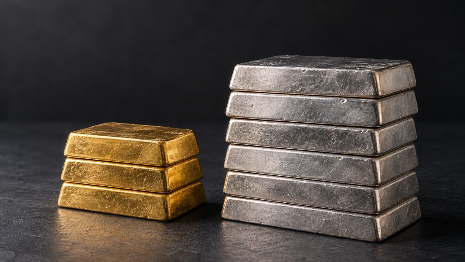 Three gold bars stacked beside a taller stack of six silver bars, illustrating the widening gold-silver ratio in the October 2026 gold price outlook