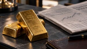 Stacked physical gold bullion bars on a dark financial desk beside a newspaper showing market charts.