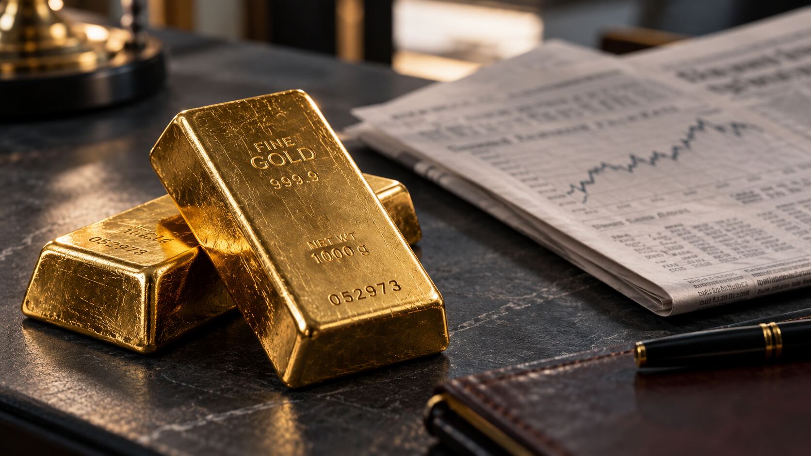 Stacked physical gold bullion bars on a dark financial desk beside a newspaper showing market charts.
